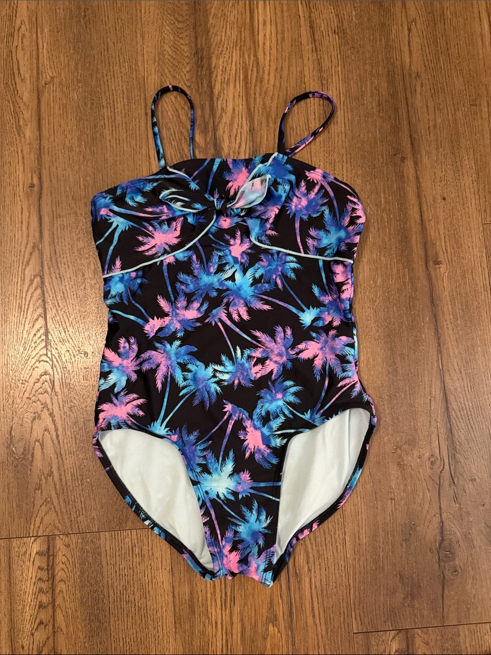 art class Kids One-Piece Swimsuit - Black with Blue & Pink Palm Print